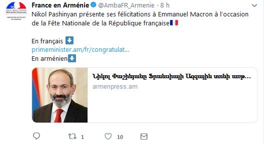 Nikol Pashinyan présente ses félicitations à Emmanuel Macron à l&rsquo;occasion de la Fête Nationale de la République française