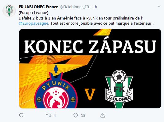 Défaite 2 buts à 1 en Arménie face à Pyunik