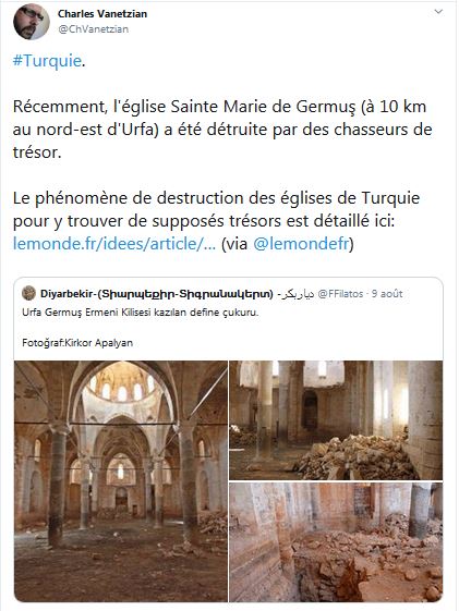 Récemment, l&rsquo;église Sainte Marie de Germuş (à 10 km au nord-est d&rsquo;Urfa) a été détruite par des chasseurs de trésor.