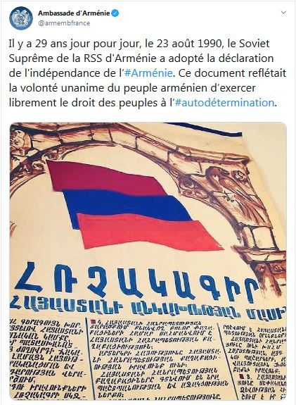Il y a 29 ans jour pour jour, le 23 août 1990, le Soviet Suprême de la RSS d&rsquo;Arménie a adopté la déclaration de l&rsquo;indépendance de l’Arménie