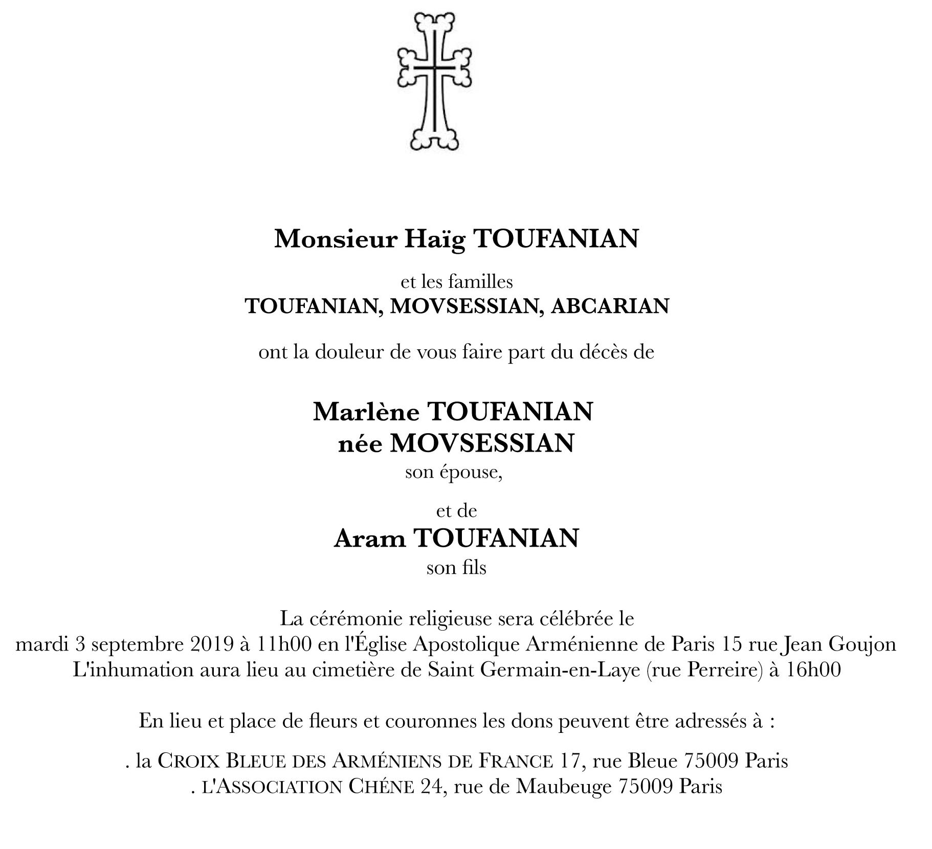 Les obsèques d’Aram et Marlène Toufanian auront lieu mardi à l’Eglise apostolique arménienne de Paris