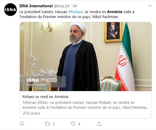 Le président iranien, Hassan Rohani, se rendra en Arménie suite à l’invitation du Premier ministre de ce pays, Nikol Pachinian