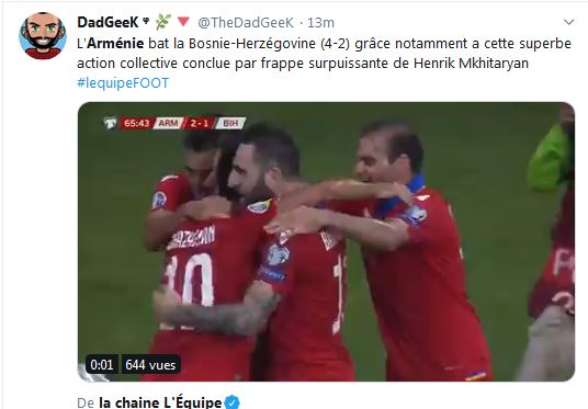 L&rsquo;Arménie bat la Bosnie-Herzégovine (4-2) grâce notamment a cette superbe action collective conclue par frappe surpuissante de Henrik Mkhitaryan
