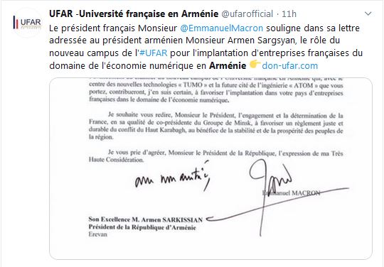 Le président français Monsieur Emmanuel Macron  souligne dans sa lettre adressée au président arménien Monsieur Armen Sargsyan, le rôle du nouveau campus de l&rsquo;UFAR