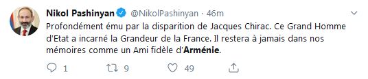Nikol Pashinyan: Profondément ému par la disparition de Jacques Chirac