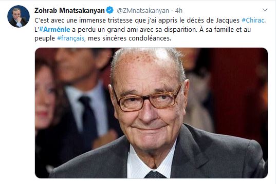 Zohrab Mnatsakanyan : C’est avec une immense tristesse que j&rsquo;ai appris le décès de Jacques Chirac.