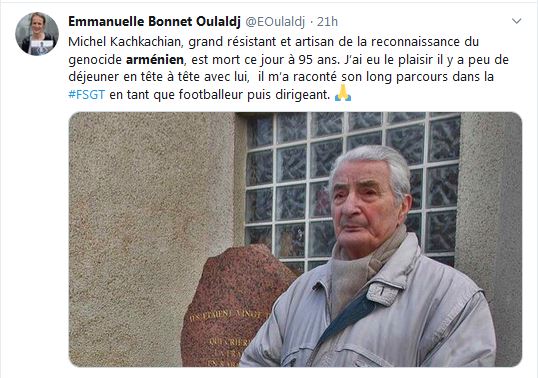 Michel Kachkachian, grand résistant et artisan de la reconnaissance du genocide arménien, est mort ce jour à 95 ans