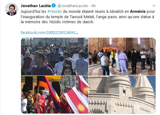 Aujourd&rsquo;hui les Yézidis du monde étaient réunis à Aknalich en Arménie pour l&rsquo;inauguration du temple de Tawusê Melek, l&rsquo;ange paon, ainsi qu&rsquo;une statue à la mémoire des Yézidis victimes de daech.