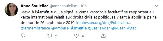 Bravo à l&rsquo;Arménie qui a signé le 2ème Protocole facultatif se rapportant au Pacte international relatif aux droits civils et politiques visant à abolir la peine de mort le 26 septembre 2019