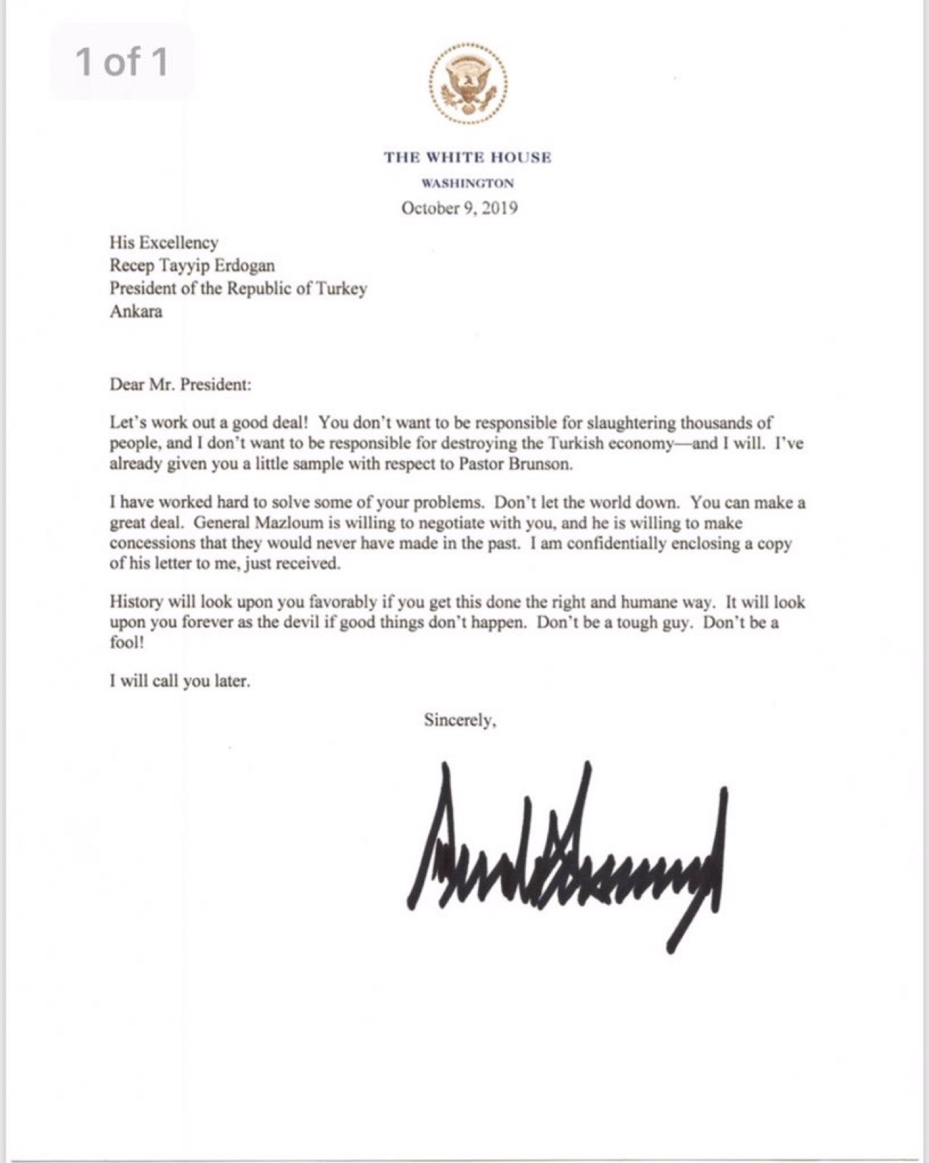 « Ne faites pas l&rsquo;idiot! »: l&rsquo;incroyable lettre de Trump à Erdogan