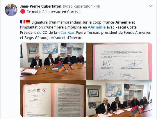 Signature d’un mémorandum sur la coop. france-Arménie et l’implantation d’une filière Limousine en Arménie