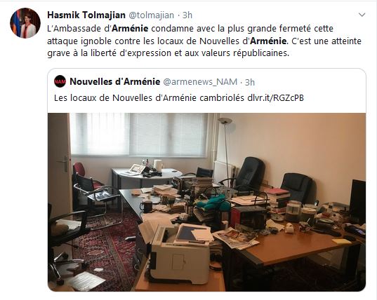 L’Ambassade d’Arménie condamne avec la plus grande fermeté cette attaque ignoble contre les locaux de Nouvelles d&rsquo;Arménie