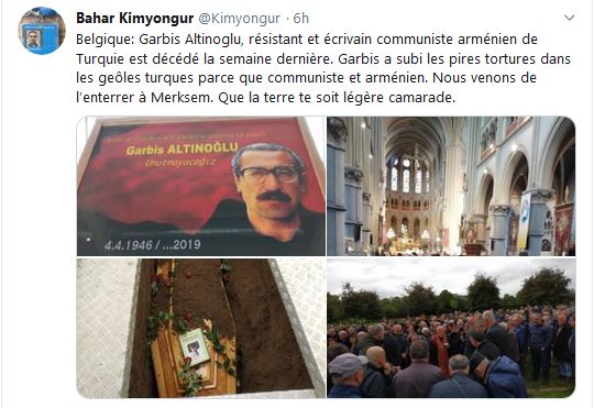 Belgique: Garbis Altinoglu, résistant et écrivain communiste arménien de Turquie est décédé la semaine dernière