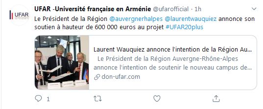 Le Président de la Région Auvergne Rhône Alpes Laurent Wauquiez  annonce son soutien à hauteur de 600 000 euros au projet UFAR20plus