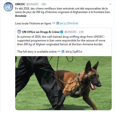 En été 2019, des chiens renifleurs bien entrainés ont été responsables de la saisie de plus de 200 kg d&rsquo;héroïne originaire d&rsquo;Afghanistan à la frontière Iran-Arménie