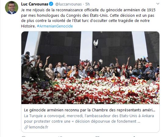 Luc Carvounas : Je me réjouis de la reconnaissance officielle du génocide arménien de 1915 par mes homologues du Congrès des États-Unis