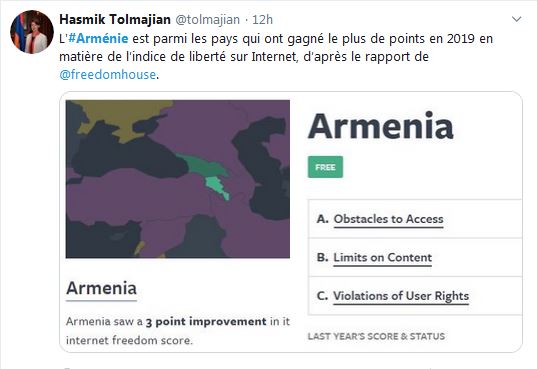 L&rsquo;Arménie est parmi les pays qui ont gagné le plus de points en 2019 en matière de l’indice de liberté sur Internet