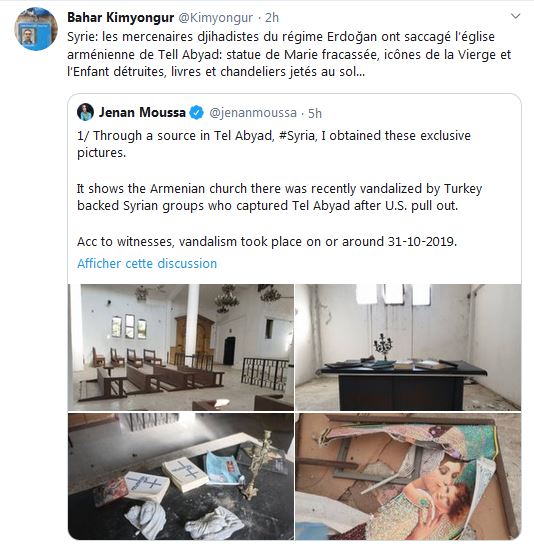 Syrie: les mercenaires djihadistes du régime Erdoğan ont saccagé l’église arménienne de Tell Abyad
