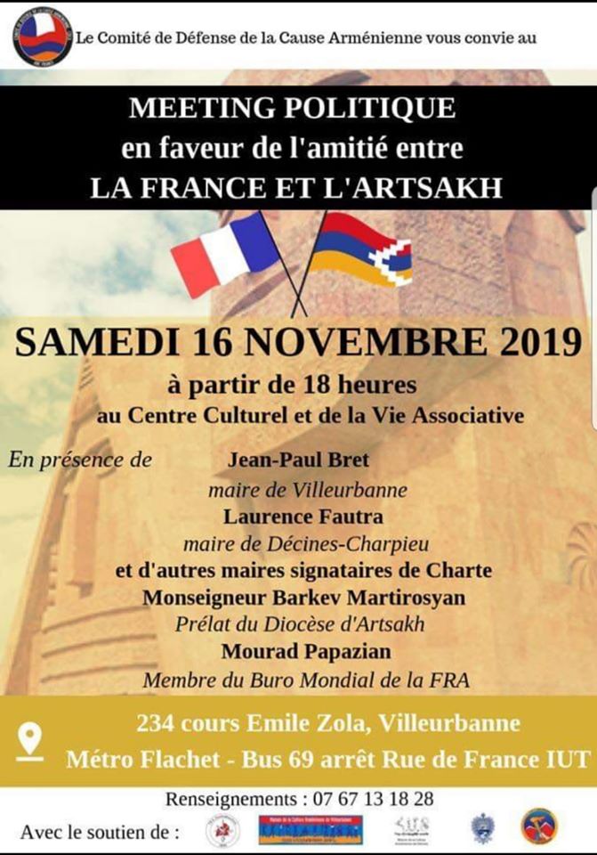 Meeting politique en faveur de l’amitié entre la France et l’Artsakh ce samedi 16 novembre à Villeurbanne, des bus partiront également de Valence