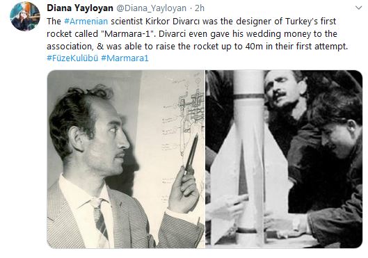 Le scientifique arménien Kirkor Divarcı était le concepteur de la première fusée turque appelée Marmara-1.