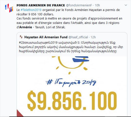 Le Telethon 2019 organisé par le Fonds Arménien Hayastan a permis de récolter 9 856 100 dollars.