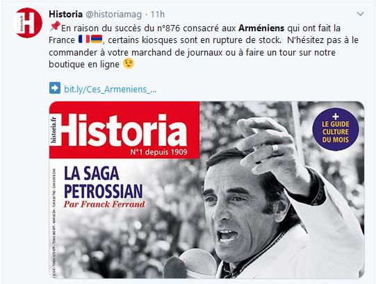 En raison du succès du n°876 d&rsquo;HISTORIA consacré aux Arméniens qui ont fait la France, certains kiosques sont en rupture de stock