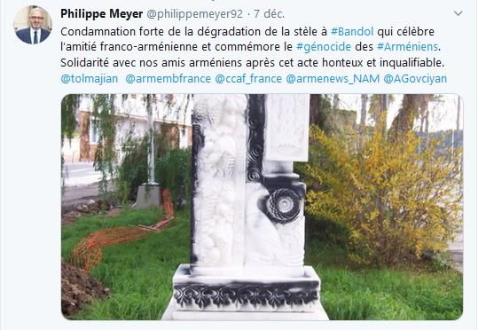 Philippe Meyer – Condamnation forte de la dégradation de la stèle à Bandol qui célèbre l’amitié franco-arménienne et commémore le génocide des Arméniens.
