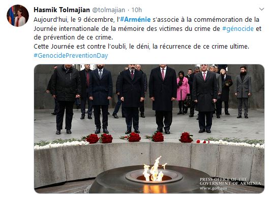 Aujourd’hui, le 9 décembre, l’Arménie s’associe à la commémoration de la Journée internationale de la mémoire des victimes du crime de génocide