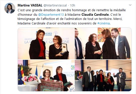 Martine Vassal  a remis la Médaille d&rsquo;honneur du Département des Bouches-du-Rhône à Claudia Cardinale
