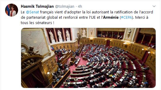 Le Sénat  français vient d&rsquo;adopter la loi autorisant la ratification de l&rsquo;accord de partenariat global et renforcé entre l&rsquo;UE et l&rsquo;Arménie