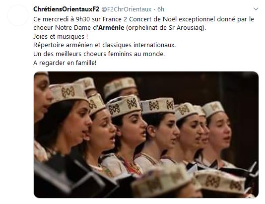 Ce mercredi à 9h30 sur France 2 Concert de Noël exceptionnel donné par le  choeur Notre Dame d&rsquo;Arménie (orphelinat de Sr Arousiag).