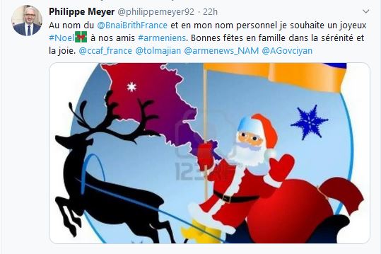 Philippe Meyer- Au nom du Bnai Brith France  et en mon nom personnel je souhaite un joyeux Noel  à nos amis armeniens