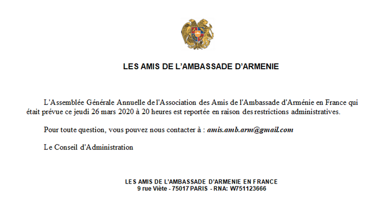 L’Associations des amis de l’ambassade d’Arménie en France reporte son AG