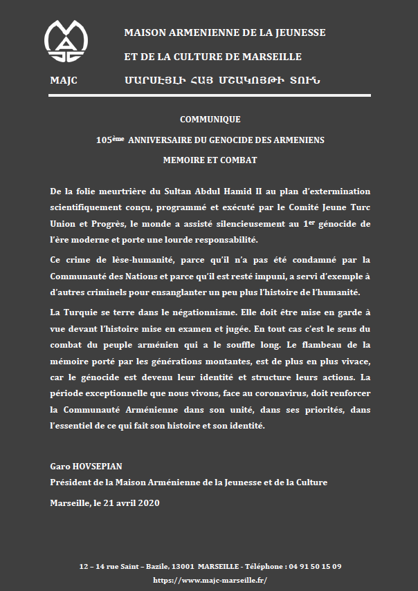 Communiqué de la Maison arménienne de la Jeunesse et de la Culture