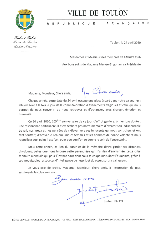 24 avril : Le message du maire Hubert Falco