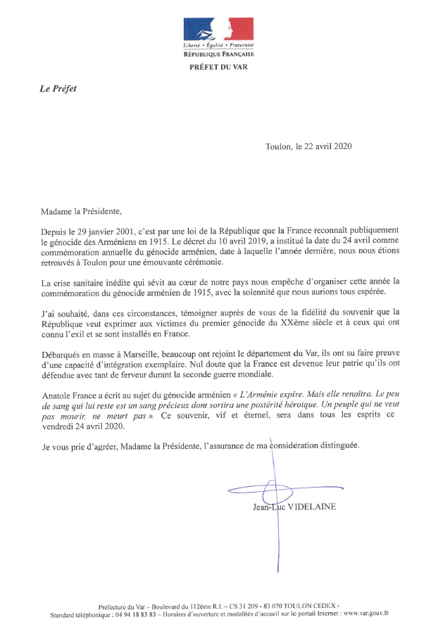 24 avril : la lettre du préfet du Var, Jean-Luc Videlaine