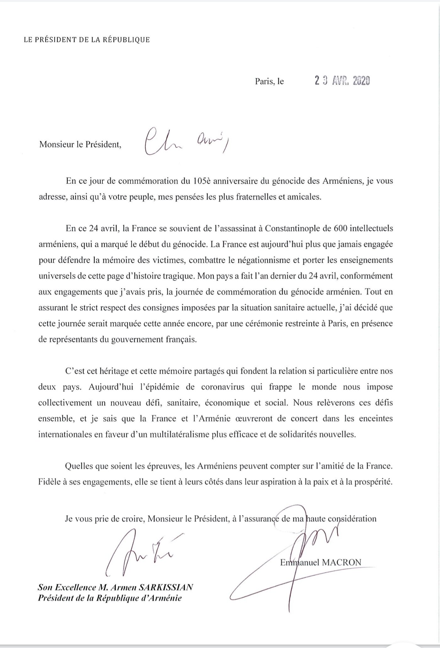 La lettre d&rsquo;Emmanuel Macron adressée à Armen Sarkissian