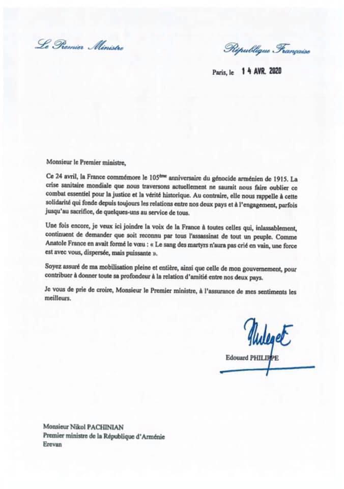 La lettre d’Edouard Philippe adressée à Nikol Pachinian