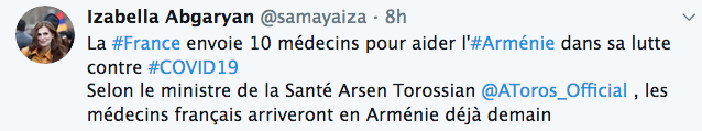 La France envoie 10 médecins pour aider l&rsquo;Arménie dans sa lutte contre le COVID19