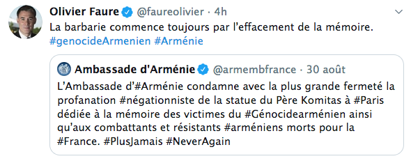 Olivier Faure : « La barbarie commence toujours par l’effacement de la mémoire. #genocideArmenien »