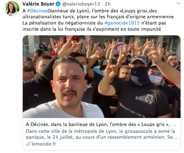 Valérie Boyer : la pénalisation du négationniste du #genocide1915 n’étant pas inscrite dans la loi française, les Loups gris s’expriment en toute impunité