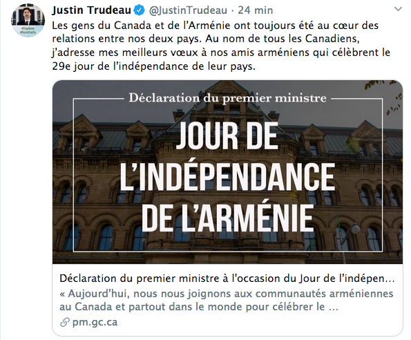 Déclaration de Justin Trudeau à l’occasion du Jour de l’indépendance de l’Arménie