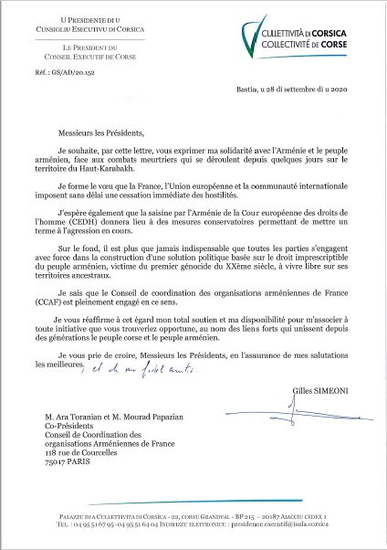 Gilles SIMEONI, Président du Conseil exécutif de Corse, exprime sa solidarité à l&rsquo;Arménie et au pleuple arménien