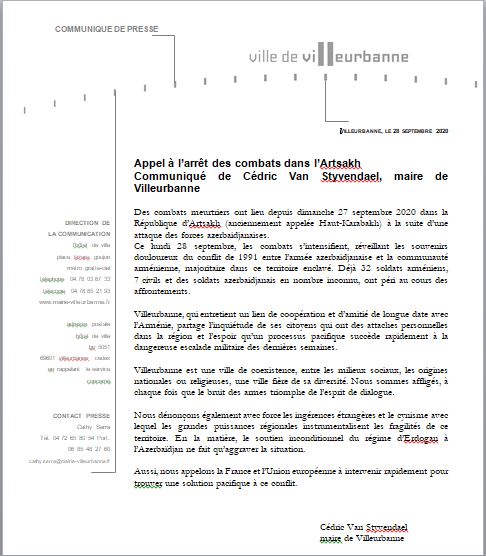 Appel à l’arrêt des combats dans l’Artsakh || Communiqué de Cédric Van Styvendael, maire de Villeurbanne