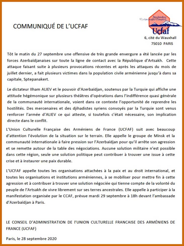 Communiqué de l&rsquo;UCFAF sur le conflit en Artsakh