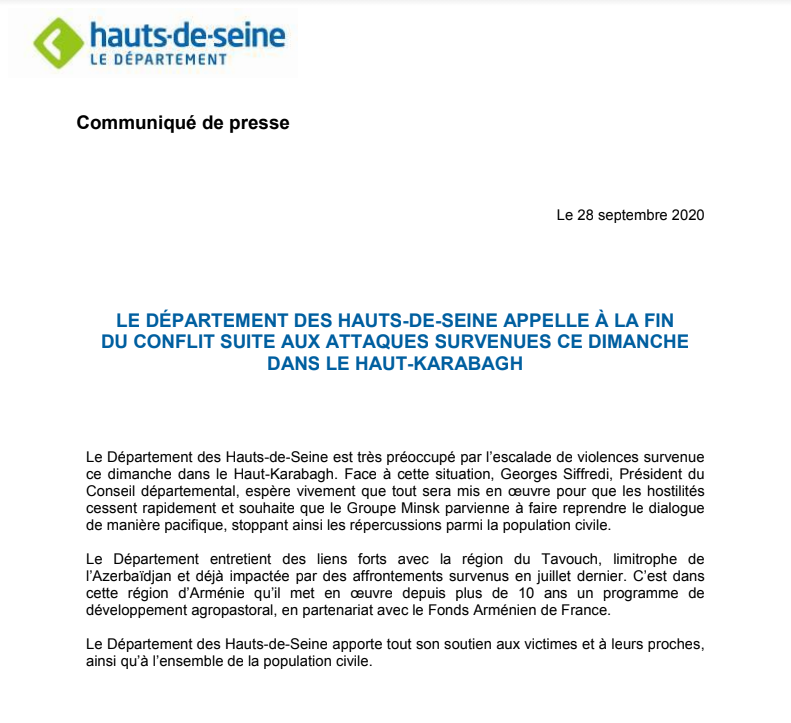Le Département des Hauts-de-seine appelle à la fin du conflit suite aux attaques survenues ce dimanche dans le Haut-Karabagh.