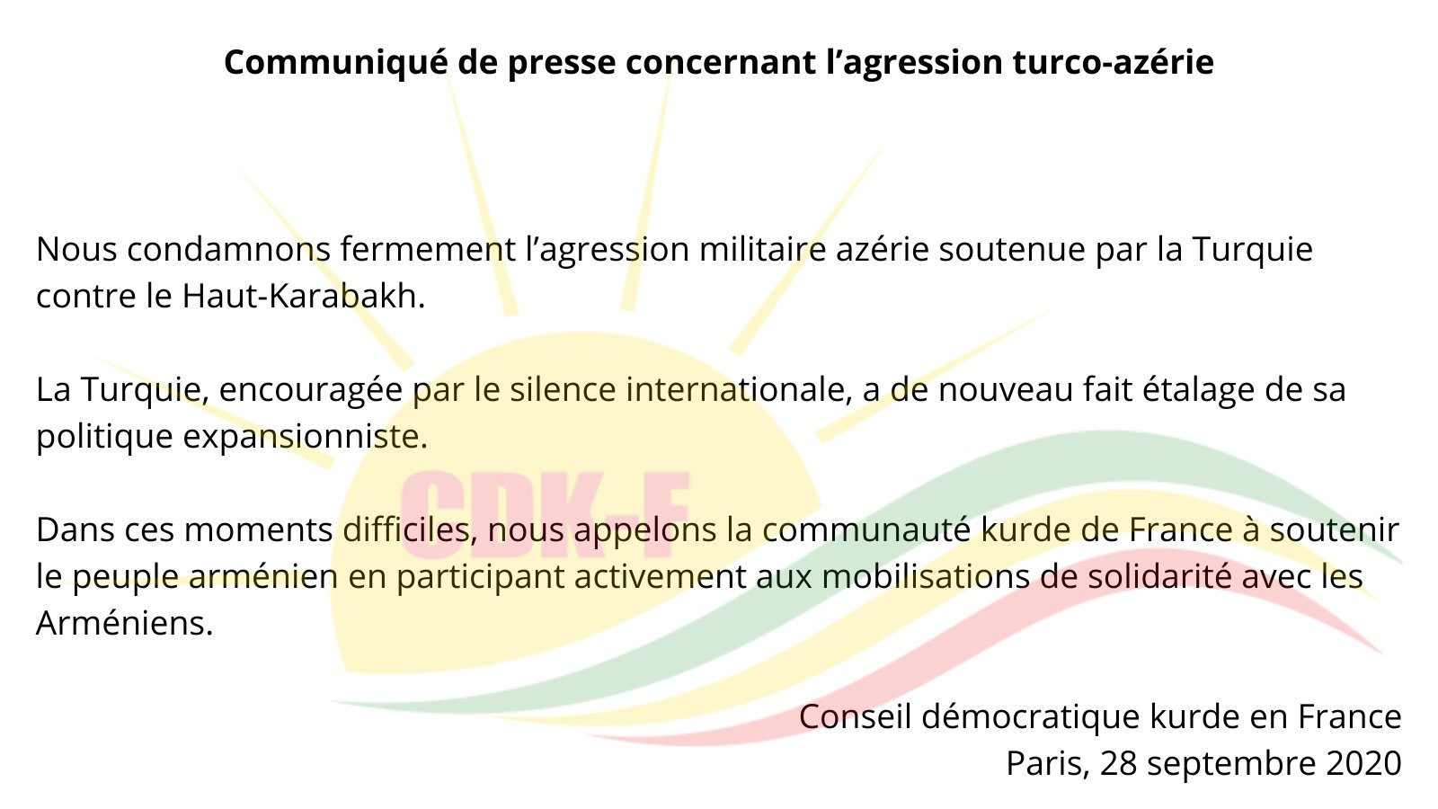 Le conseil démocratique kurde en France condamne l&rsquo;agression turco-azérie