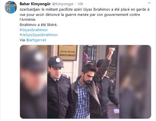 Azerbaïdjan: le militant pacifiste azéri Giyas İbrahimov a été placé en garde à vue pour avoir dénoncé la guerre menée par son gouvernement contre l’Arménie.