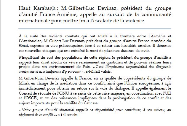 Haut-Karabagh :M.Gilbert-Luc Devinaz, président du groupe d’amitié  France-Arménie, appelle au sursaut de la communauté internationale pour mettre fin à l’escalade de la violence