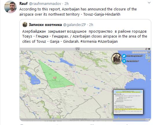L&rsquo;Azerbaïdjan a annoncé la fermeture de l&rsquo;espace aérien au-dessus de son territoire nord-ouest – Tovuz-Ganja-Hindarkh